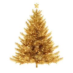 Luxurious golden christmas tree adorned with warm white fairy lights and a shining star on top isolated on transparent background