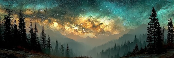 Stargazers admire a breathtaking night sky filled with stars above a forest landscape in the mountains
