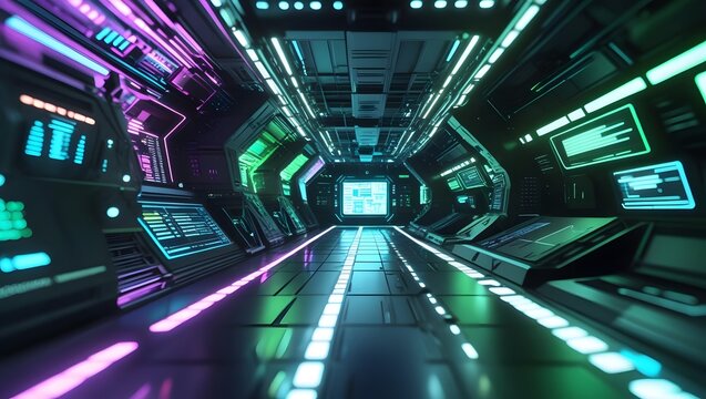 A high-tech sci-fi corridor illuminated with neon lights and futuristic interface screens in vibrant colors. - Powered by Adobe