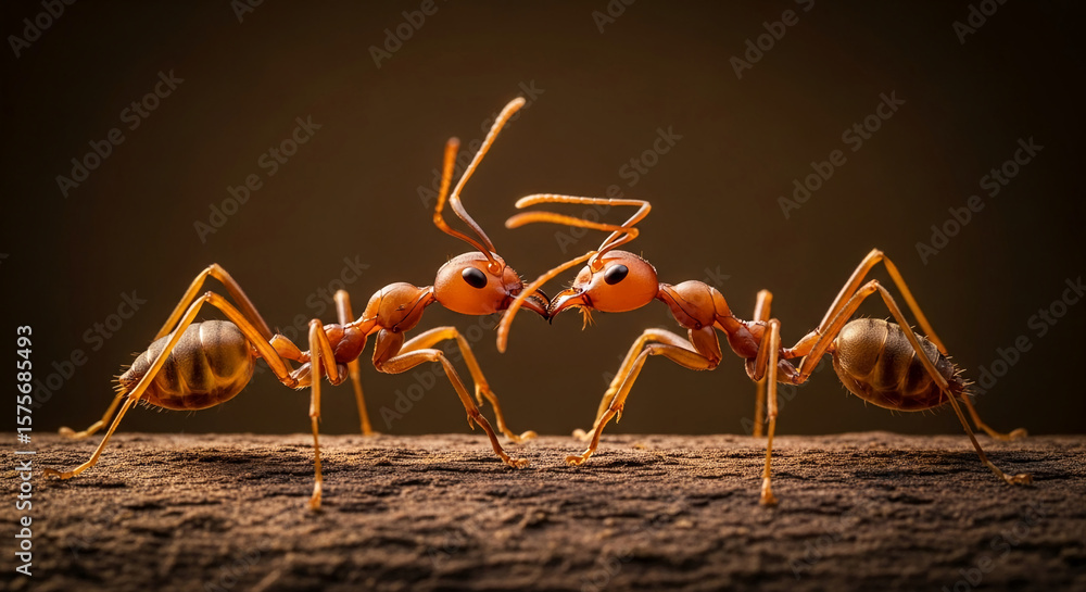 Poster close-up of two red ants facing each other on wood, showcasing detailed textures and a sense of inte