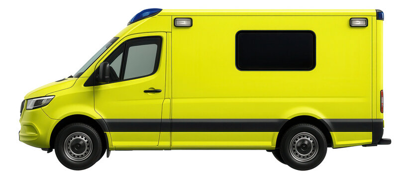 Neon yellow ambulance with reflective safety stripes and side windows