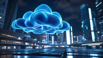 A glowing digital cloud floats in a futuristic city, symbolizing cloud computing technology.
