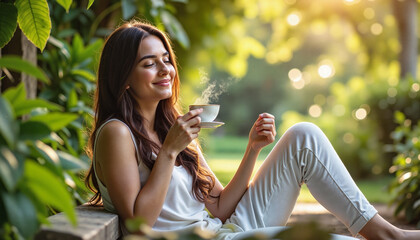 A woman sitting in a lush garden, holding a cup of tea, smiling, and enjoying the serene outdoor environment. - Generic AI Image