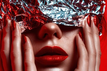 A woman with red lips and red nails is wearing a silver foil mask