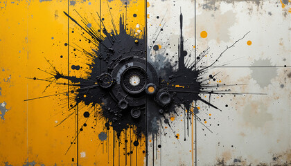 A striking artwork featuring an abstract industrial design with an explosion of black and yellow splatters on a textured background. - Generic AI Image