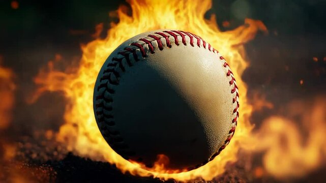 Burning baseball ball on fire on the ground