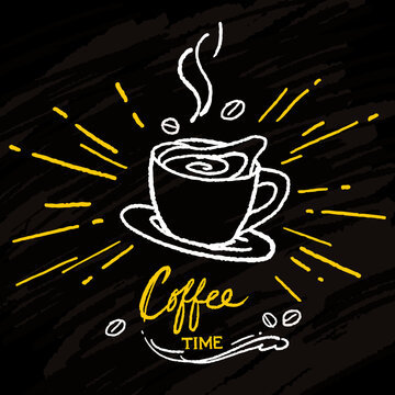 Coffee time doodle hand drawn on blackboard, illustration vector