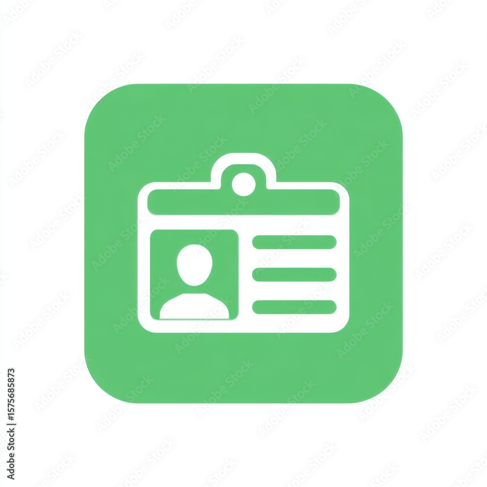 Poster minimalistic white-outlined id badge icon on solid green background with clip, teardrop-shaped perso