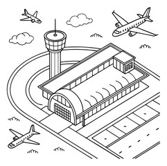 Airport. Lineart black and white vector illustration with air terminal and airplanes