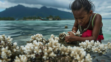 Asian girl collecting corals in the sea