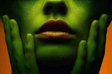 A woman's face is covered in green glitter