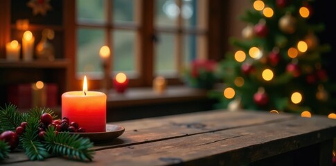 Rustic wooden table, burning candle, Christmas tree bokeh , photo, image