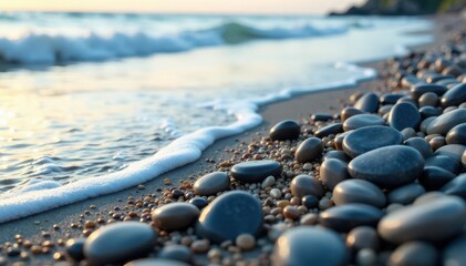 Smooth, gray pebbles on a seashore; wet, glistening surface , abstract, tranquility