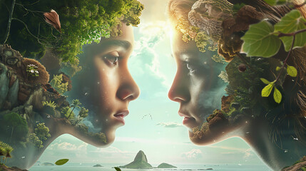 Young loving couple against the sky. Double exposure.