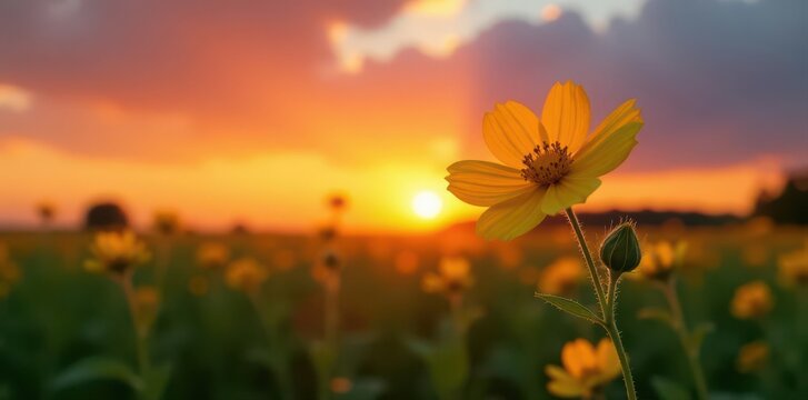 Solitary yellow Biscutella auriculata against fiery sunset sky , close-up, wildflower