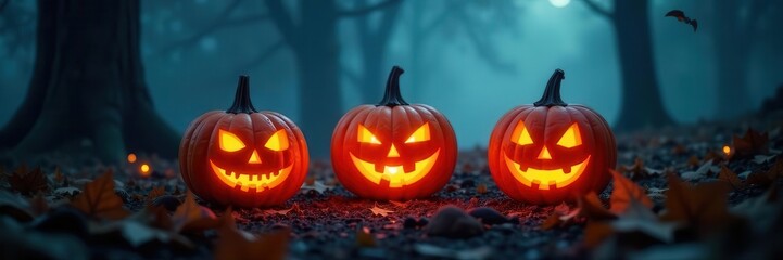Obraz premium Three glowing jack-o'-lanterns in foggy Halloween night scene , illuminated, black, element