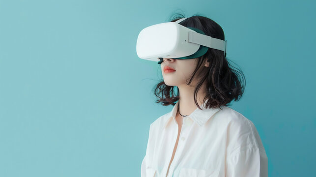 girl in viar glasses, virtual reality glasses on blue background