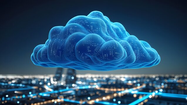 Futuristic digital cloud hovers over a glowing modern city, representing innovative technology