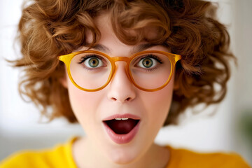 Surprised Young Woman in Glasses. Portrait of cheerful young woman with curly hair and orange glasses, expressing surprise or excitement. Positive emotion and reaction, user reaction, customer delight