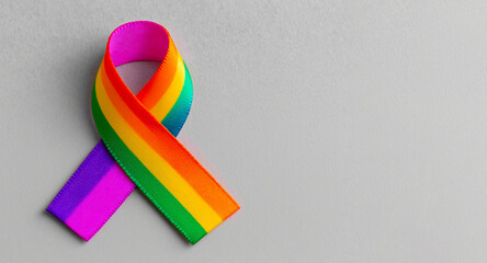 Minimalistic rainbow awareness ribbon symbolizing pride, inclusion, diversity and equality. Placed on a neutral gray background for clean composition, for pride month content, diversity statements