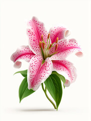 Fototapeta premium Single blooming lily flower in full detail, botanical illustration. vibrant pink lily flower with green leaves isolated on white background for floral branding, packaging, spa brochures, wellness ads