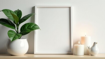 White frame mockup, monstera plant, bird figurine, candles Cozy home decor , frame, white wall, interior