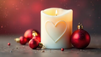White pillar candle with embossed heart, adjacent to shiny red bauble , holiday, texture