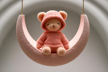 Cute plush bear in a knitted hoodie sitting on a crescent moon swing. Soft lighting and pastel tones create a dreamy, cozy bedtime scene for baby product brands, parenting and nursery, baby sleep apps