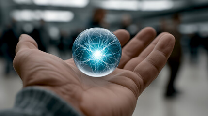 Futuristic concept: human hand holding a glowing quantum energy sphere. Symbol of innovation, advanced technology, and digital transformation for data tech companies, digital transformation materials