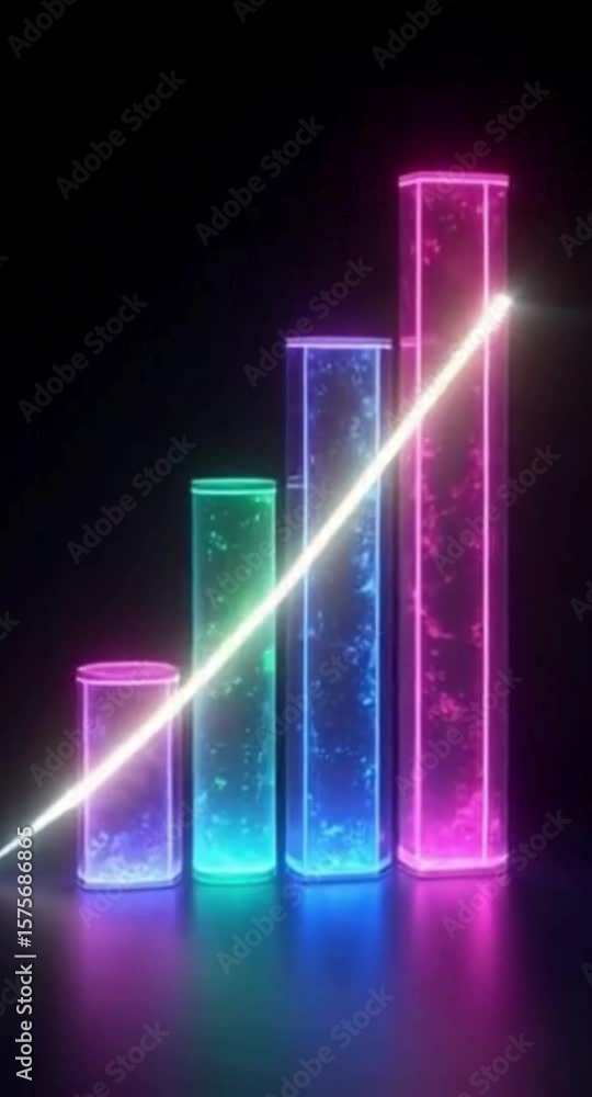 Poster abstract neon columns with bubbles rising in a dark environment modern design