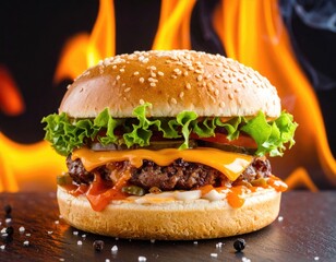Delicious cheeseburger on a dark surface