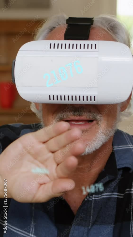 Poster animation of numbers changing and processing over man wearing vr headset