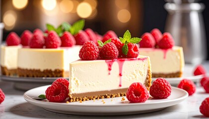 Delicious cheesecake slice topped with raspberries