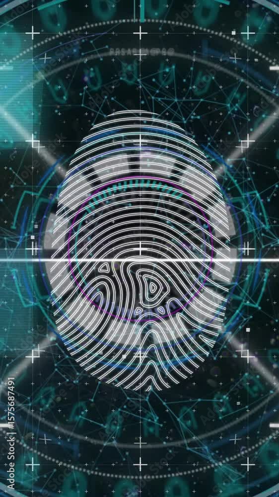 Poster biometric thumbprint against scope scanner with data processing on blue background