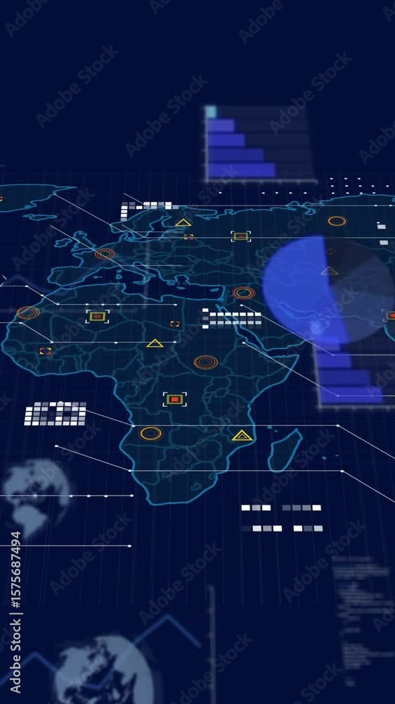 Poster animation of statistics and data processing over world map