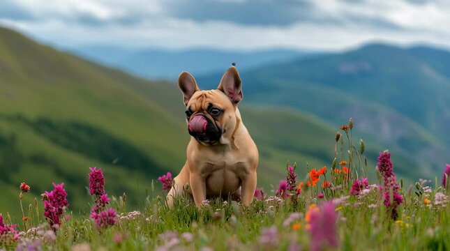 A French Bulldog rests peacefully among wildflowers in a serene mountain meadow, blending adorable charm with majestic nature. Generative AI