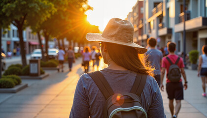 Back view of a woman wearing a hat and backpack walking on a sunny street with people in the background - Generic AI Image