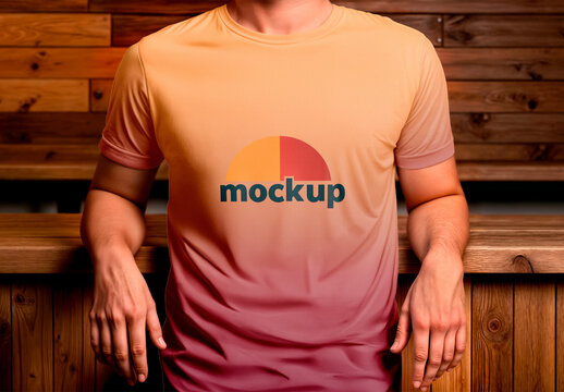 T-Shirt Mockup on Male Model Indoors with Wooden Background