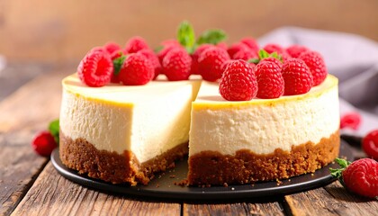 Delicious cheesecake with raspberries