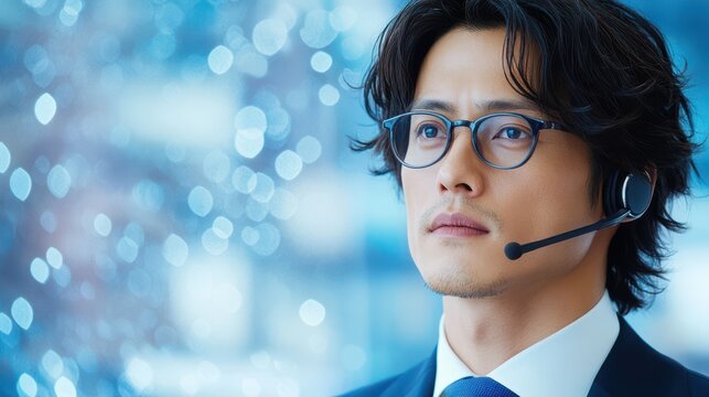 Confident Communication Specialist: A sharp focus captures the portrait of a sophisticated communicator wearing a headset, his gaze alert and intent in a modern work environment.