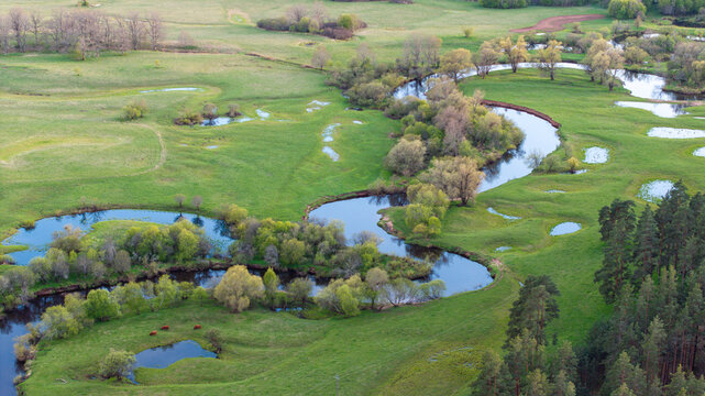 Aerial view to the sunset colored spring landscape of the Mustj&otilde;gi river valley, oxbows and meadows and public watchtower in Tellingum&auml;e, Tsirgum&auml;e k&uuml;la, Valga vald, Valgamaa