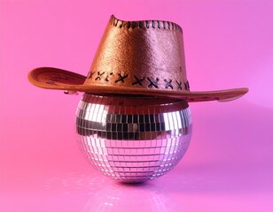 Disco ball in cowboy hat on pink background