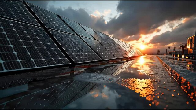 Rows of solar panels on a rooftop glistening in sunset after rainfall