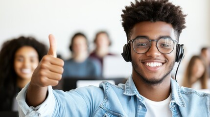 Customer Support Excellence: A smiling customer service representative with a headset gives a cheerful thumbs-up, symbolizing excellent assistance and satisfaction in a modern office setting.