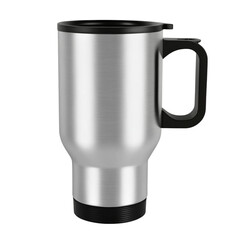 Insulated stainless steel travel mug with handle for hot and cold drinks on the go for commuting on transparent background