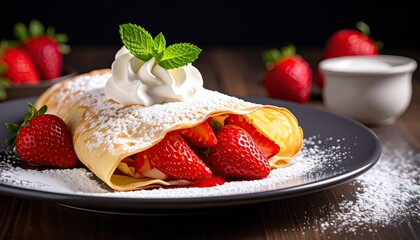 Delicious crepe filled with strawberries and whipped cream