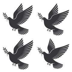 Fototapeta premium Four Dark Dove Silhouettes with Olive Branches on White