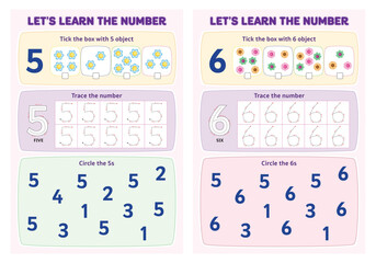 Learn the number 5-6 tick the box, trace the number and circle the number worksheet
