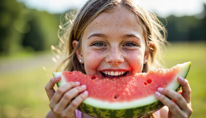 A joyful young girl with freckles smiles widely while eating a large slice of watermelon outdoors on a sunny day. - Generic AI Image
