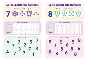 Learn the number 7-8 tick the box, trace the number and circle the number worksheet